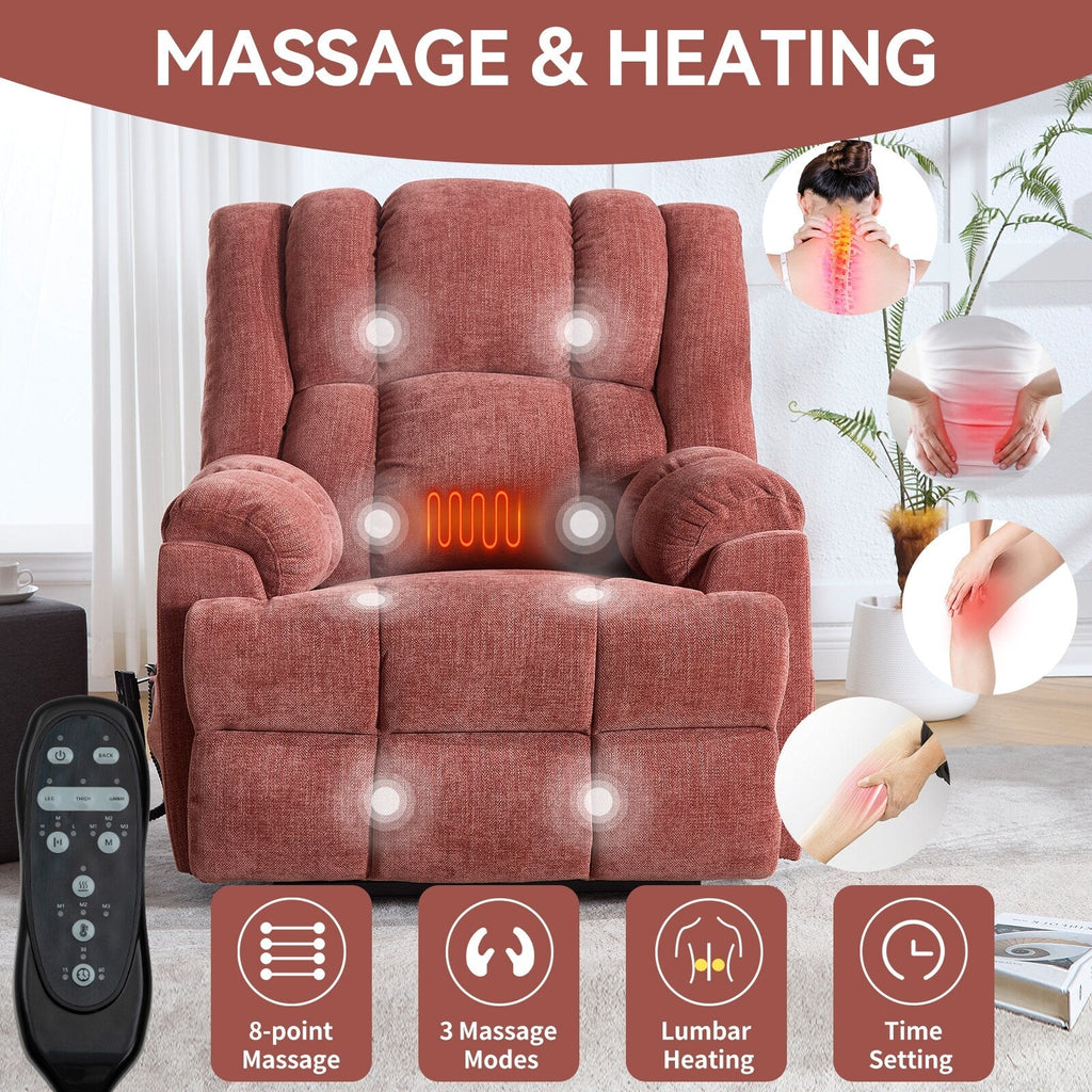 Fauteuil inclinable à double moteur avec relevage électrique et massage thermique, 158 kg, robuste