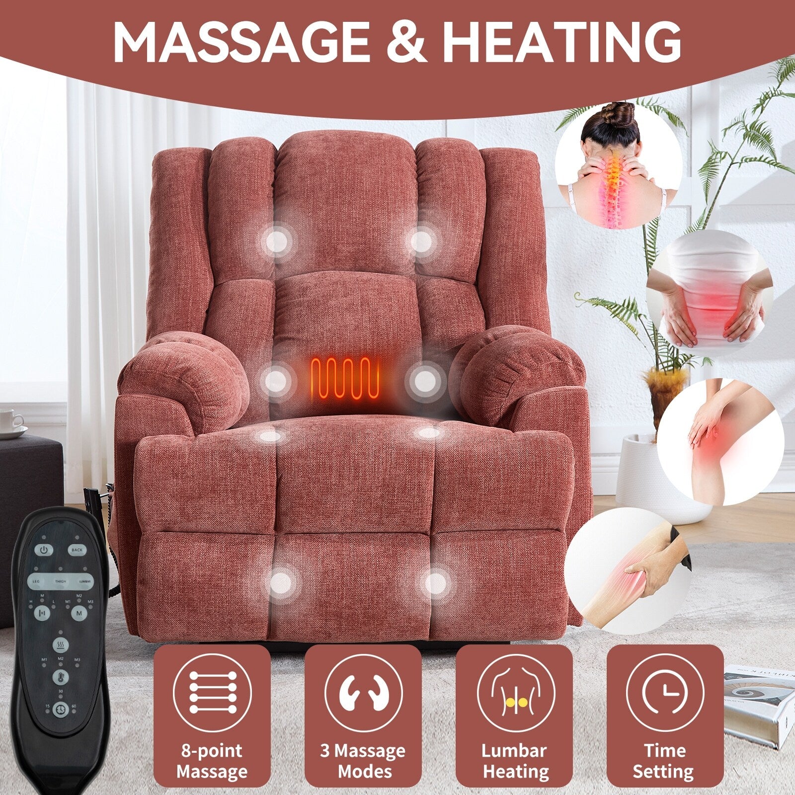 Fauteuil inclinable à double moteur avec relevage électrique et massage thermique, 158 kg, robuste