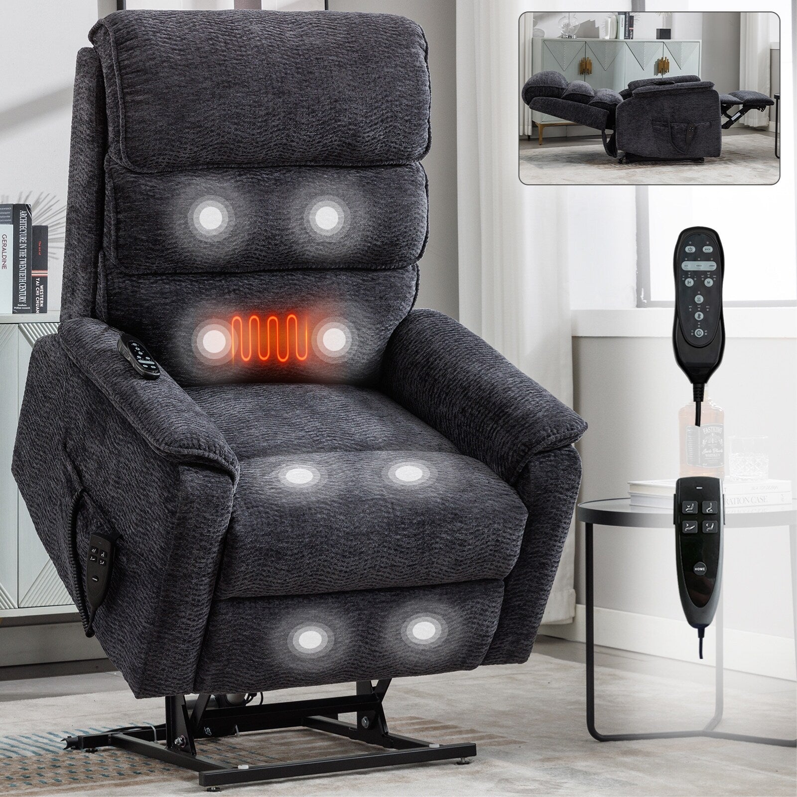 Fauteuil inclinable électrique à double moteur, fauteuil rembourré, canapé de massage chauffant avec minuterie, poches latérales et télécommande électrique