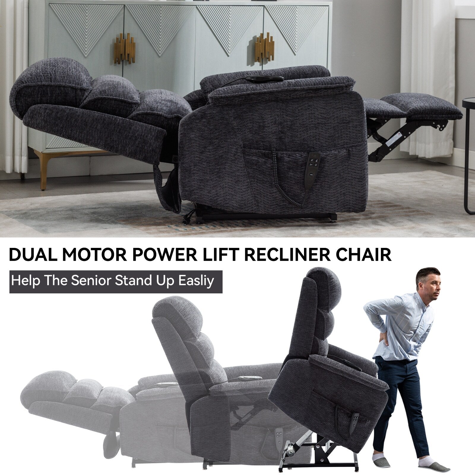 Fauteuil inclinable électrique à double moteur, fauteuil rembourré, canapé de massage chauffant avec minuterie, poches latérales et télécommande électrique