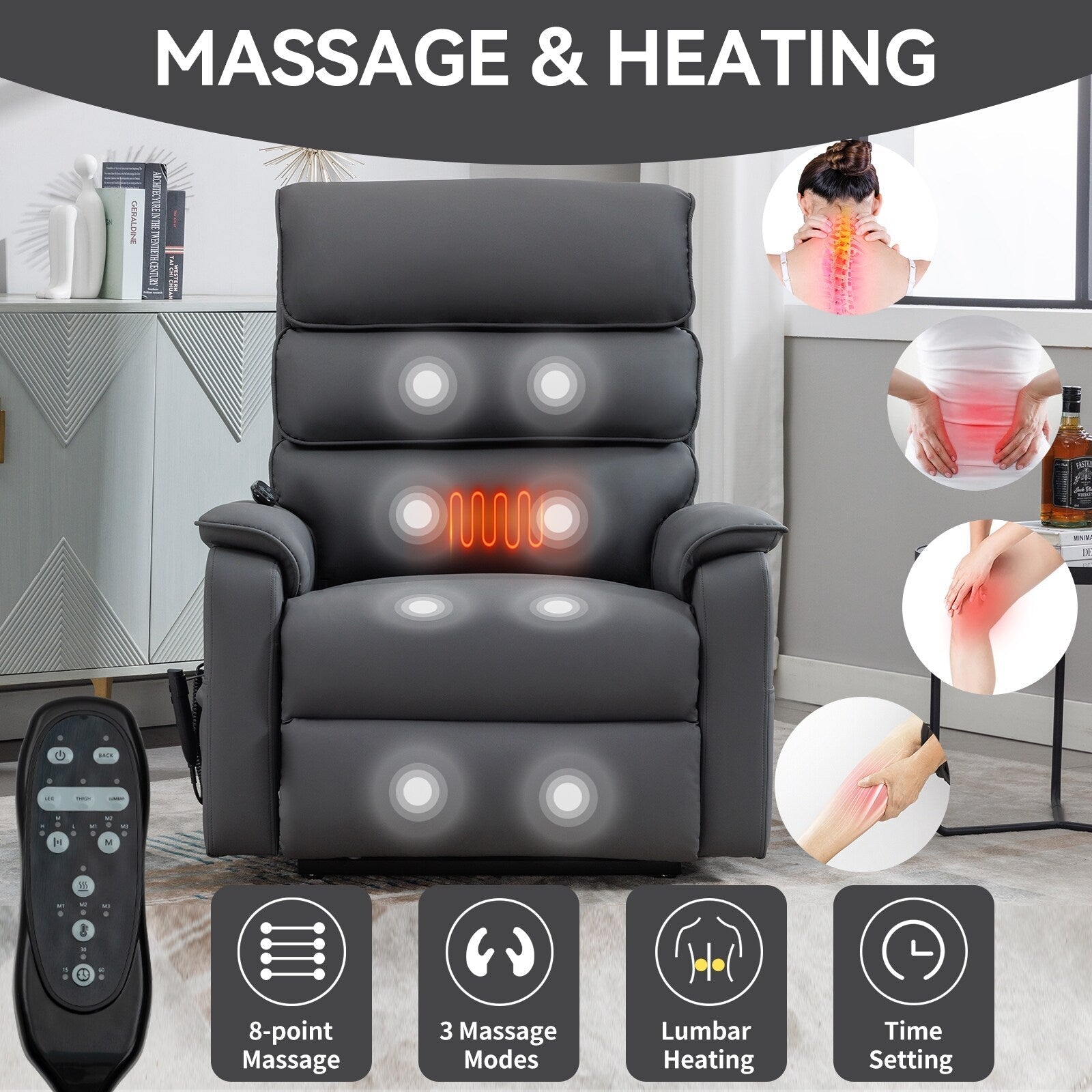 Fauteuil inclinable électrique à double moteur, fauteuil rembourré, canapé de massage chauffant avec minuterie, poches latérales et télécommande électrique