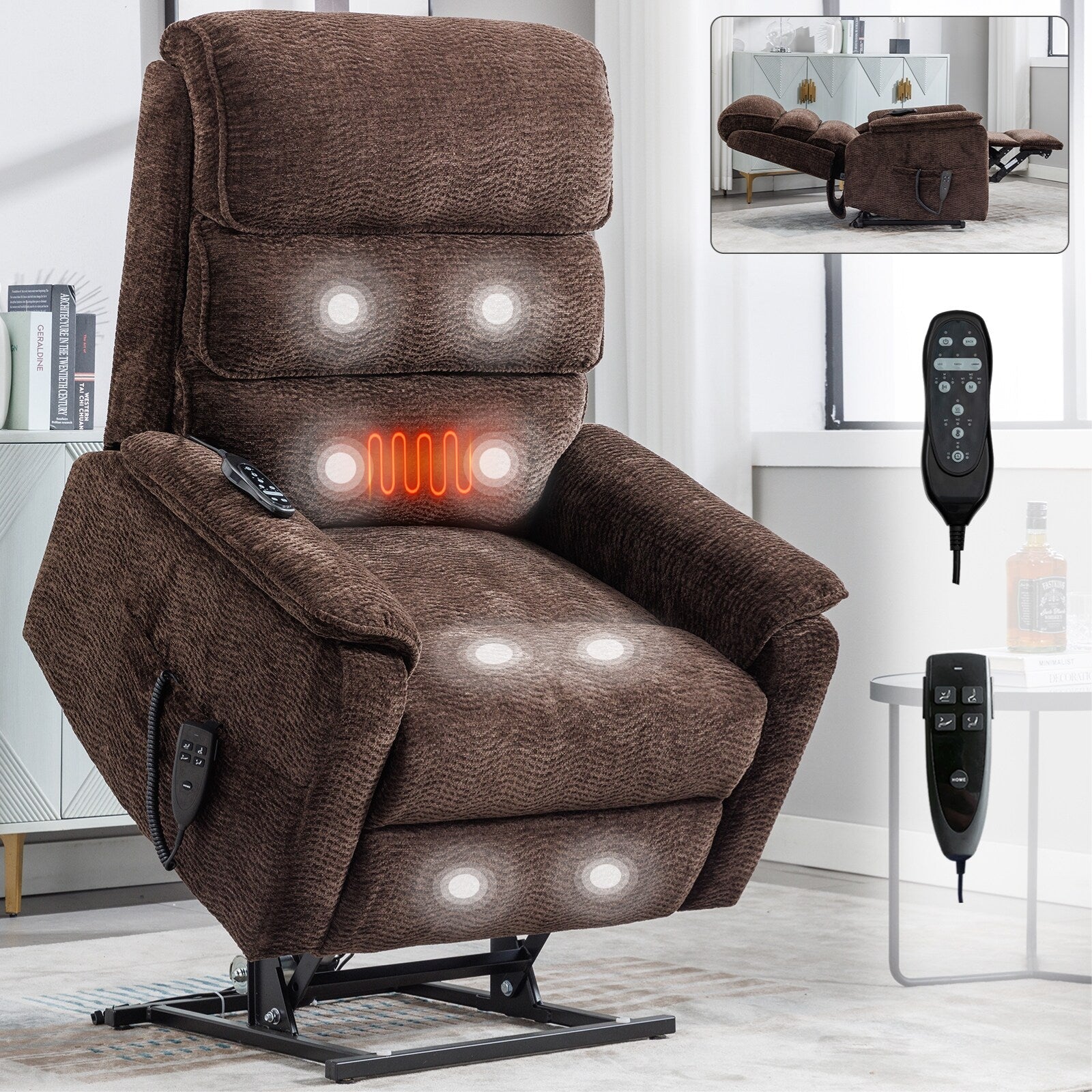 Fauteuil inclinable électrique à double moteur, fauteuil rembourré, canapé de massage chauffant avec minuterie, poches latérales et télécommande électrique