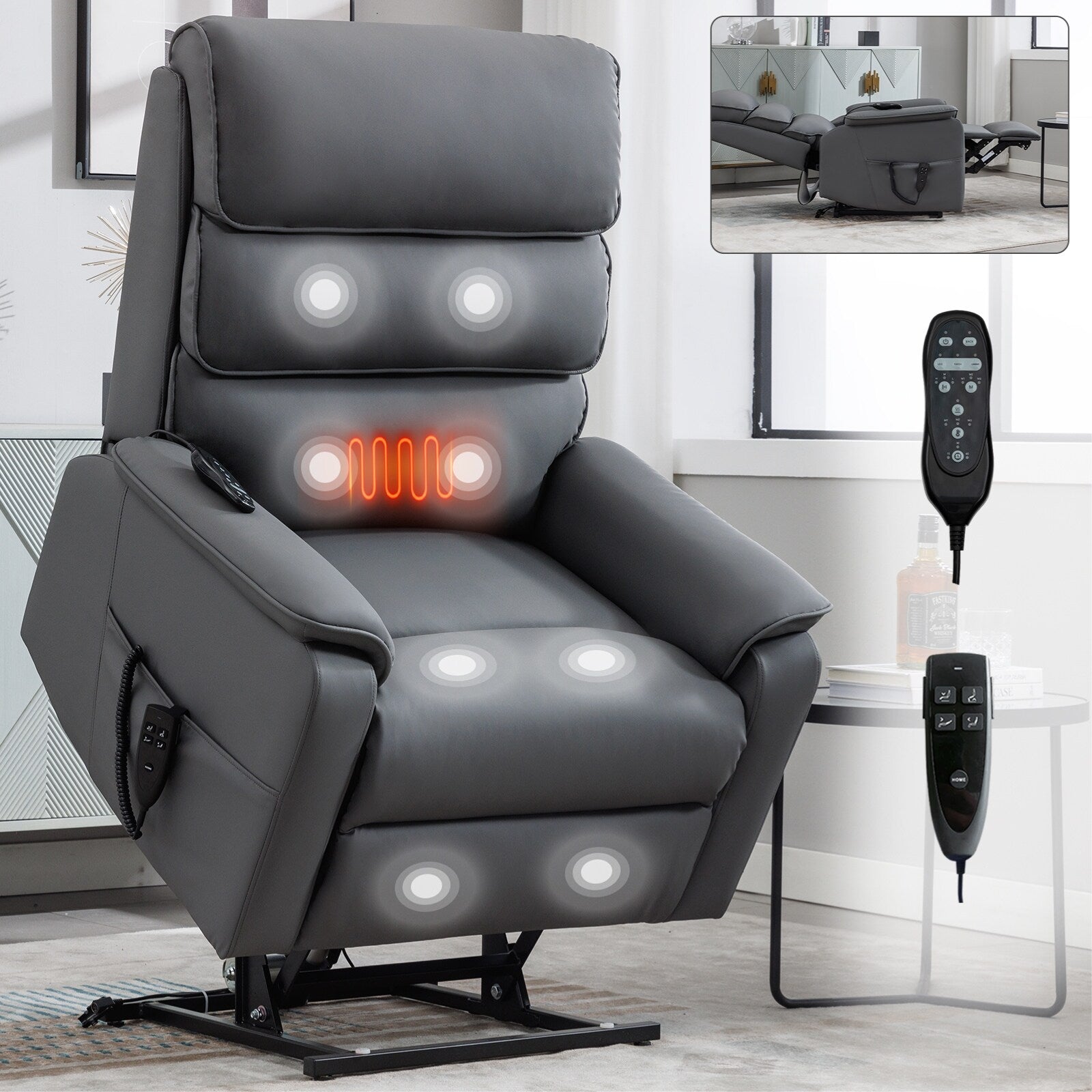 Fauteuil inclinable électrique à double moteur, fauteuil rembourré, canapé de massage chauffant avec minuterie, poches latérales et télécommande électrique