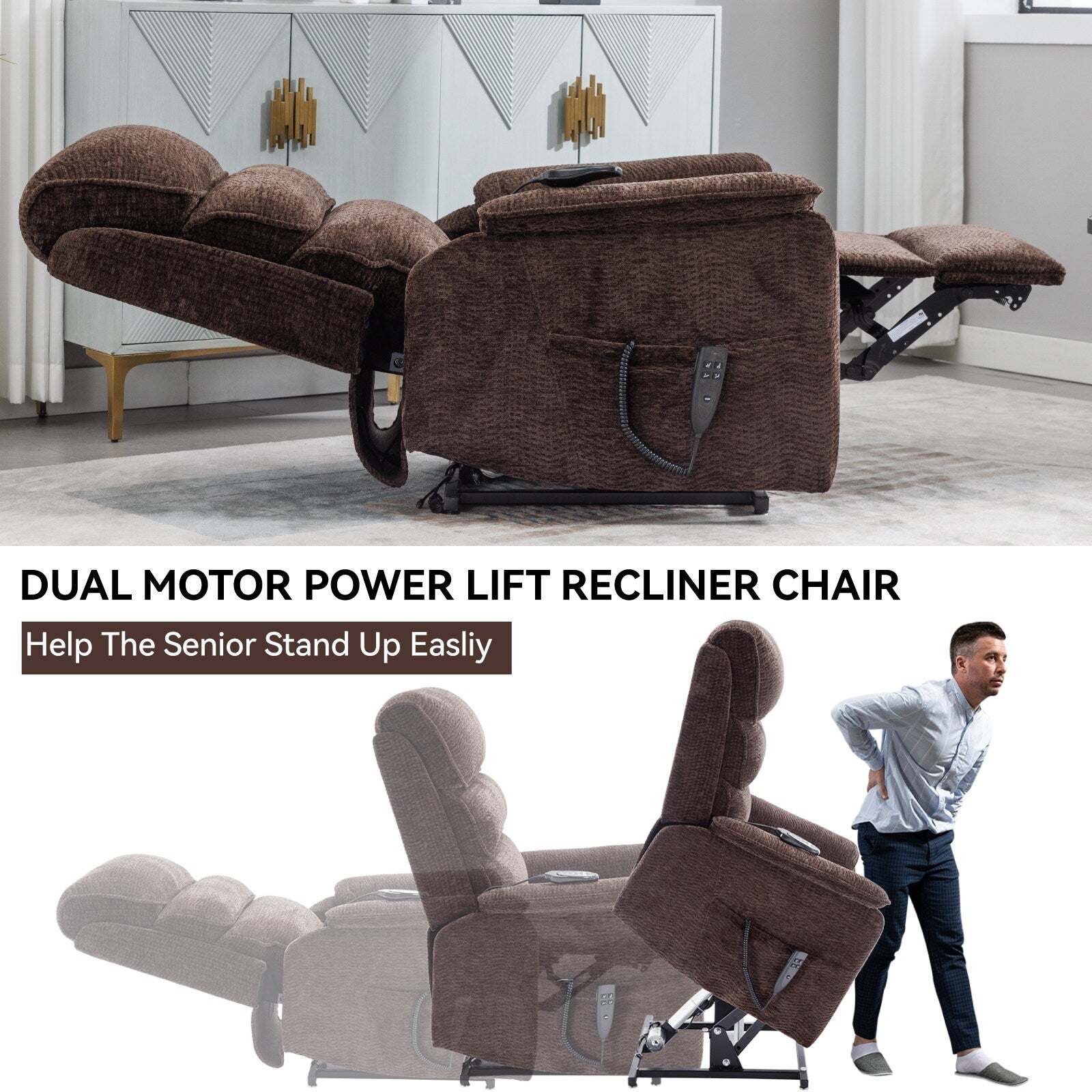 Fauteuil inclinable électrique à double moteur, fauteuil rembourré, canapé de massage chauffant avec minuterie, poches latérales et télécommande électrique
