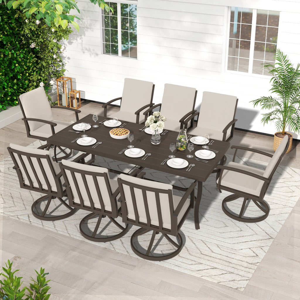 Ensemble de salle à manger de patio en aluminium EGEIROS LIFE AluLux 9 pièces avec 8 chaises pivotantes et coussins lavables