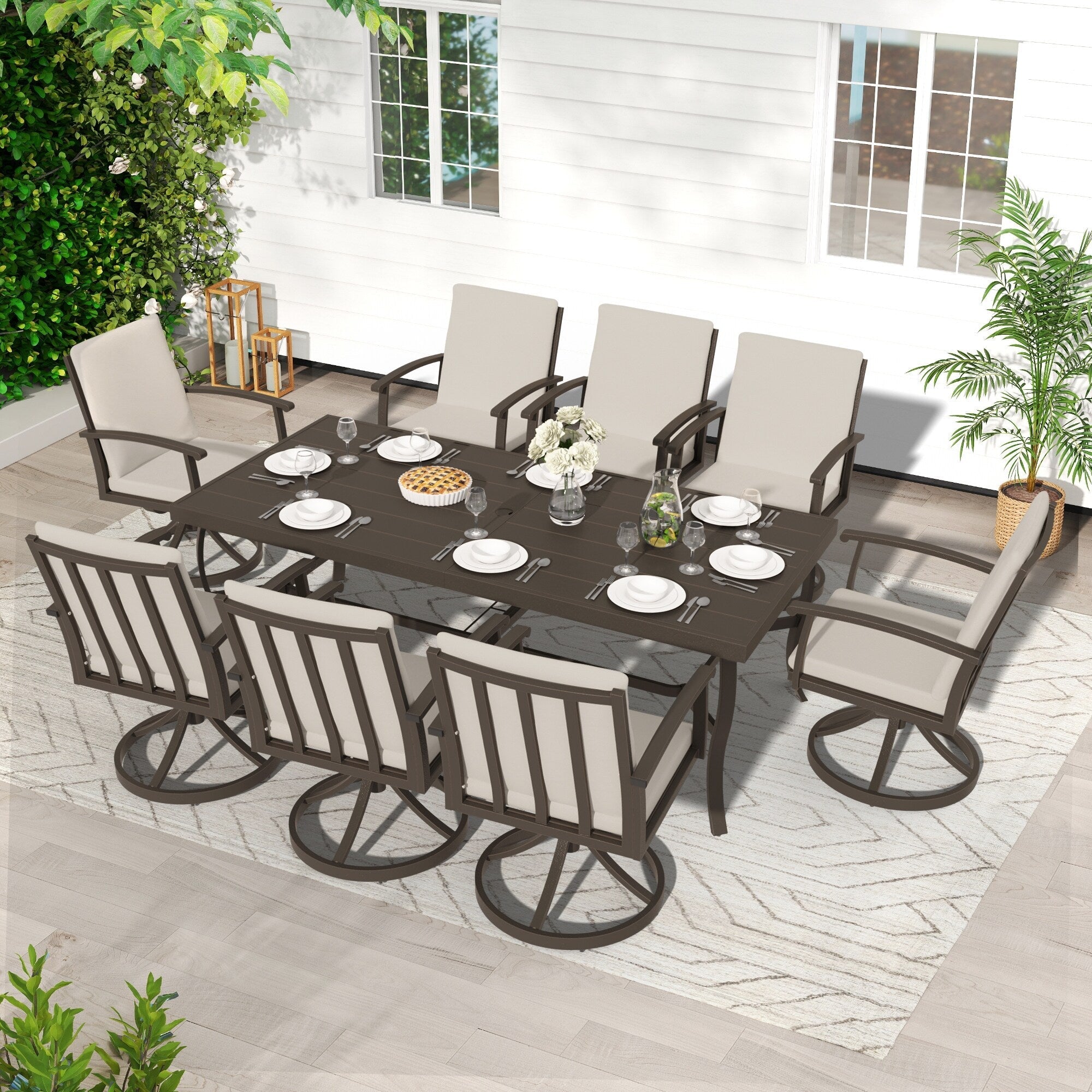 Ensemble de salle à manger de patio en aluminium EGEIROS LIFE AluLux 9 pièces avec 8 chaises pivotantes et coussins lavables