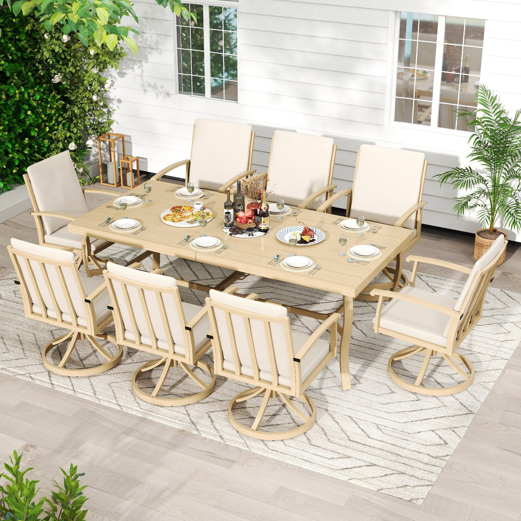 Ensemble de salle à manger de patio en aluminium EGEIROS LIFE AluLux 9 pièces avec 8 chaises pivotantes et coussins lavables
