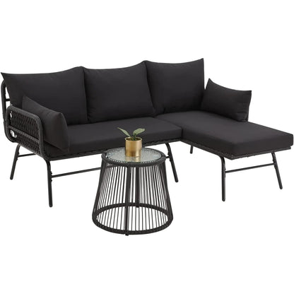 Ensemble de salon de jardin 3 pièces EROMMY avec table en verre, 2 fauteuils et coussins d'assise