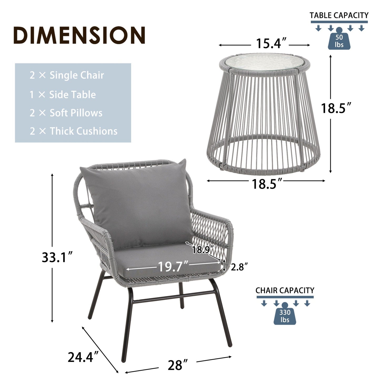 Ensemble de salon de jardin 3 pièces EROMMY avec table en verre, 2 fauteuils et coussins d'assise