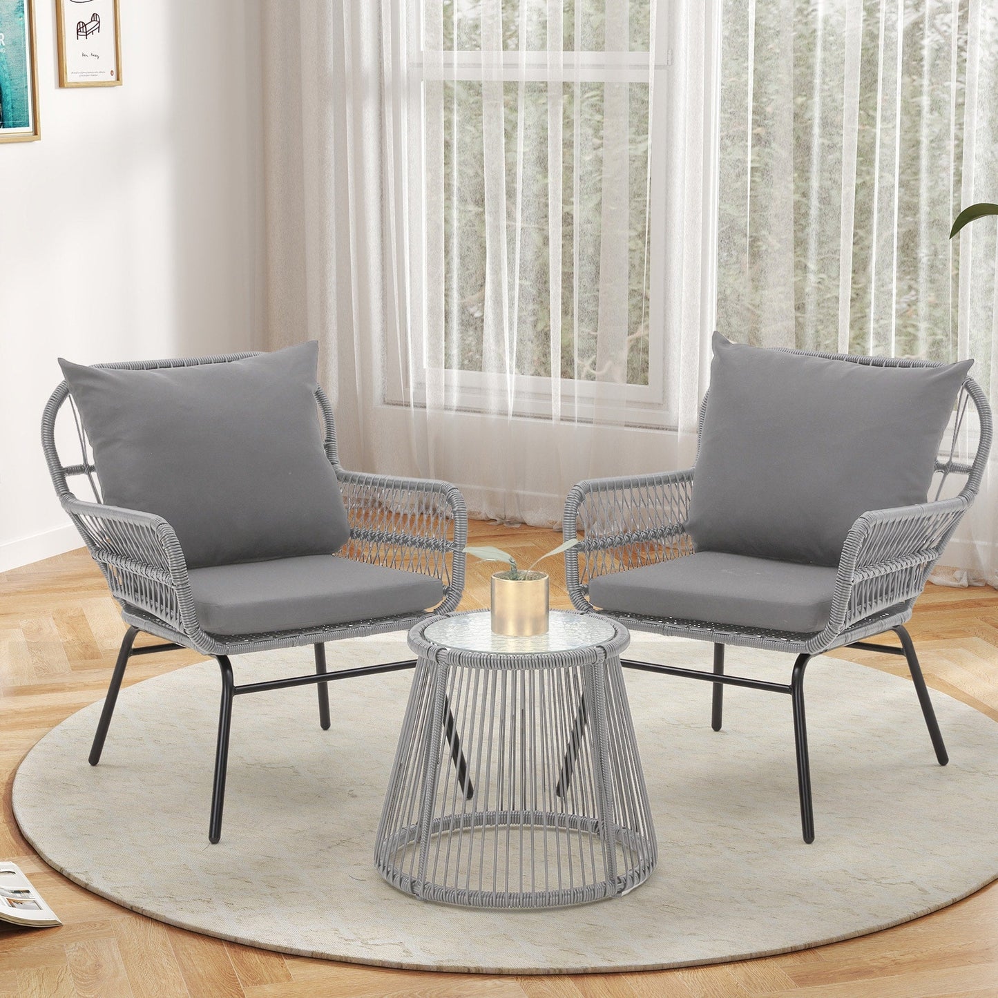 Ensemble de salon de jardin 3 pièces EROMMY avec table en verre, 2 fauteuils et coussins d'assise