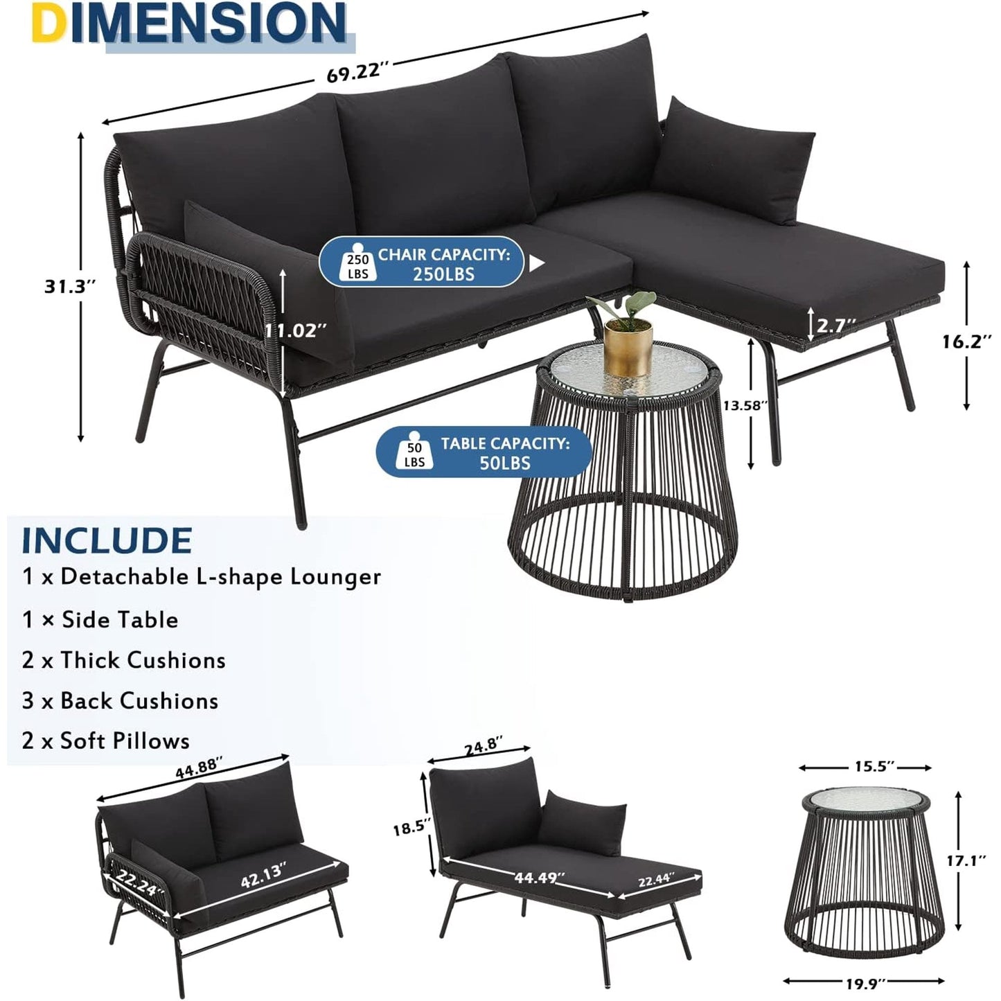 Ensemble de salon de jardin 3 pièces EROMMY avec table en verre, 2 fauteuils et coussins d'assise