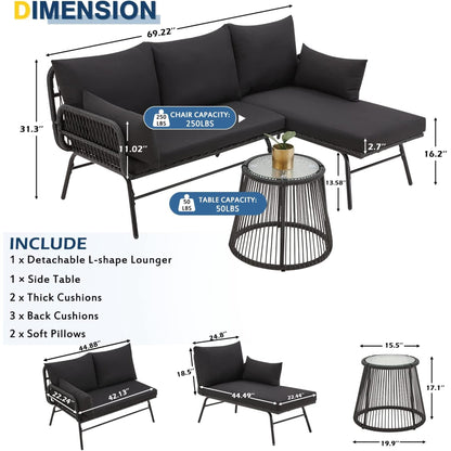 Ensemble de salon de jardin 3 pièces EROMMY avec table en verre, 2 fauteuils et coussins d'assise