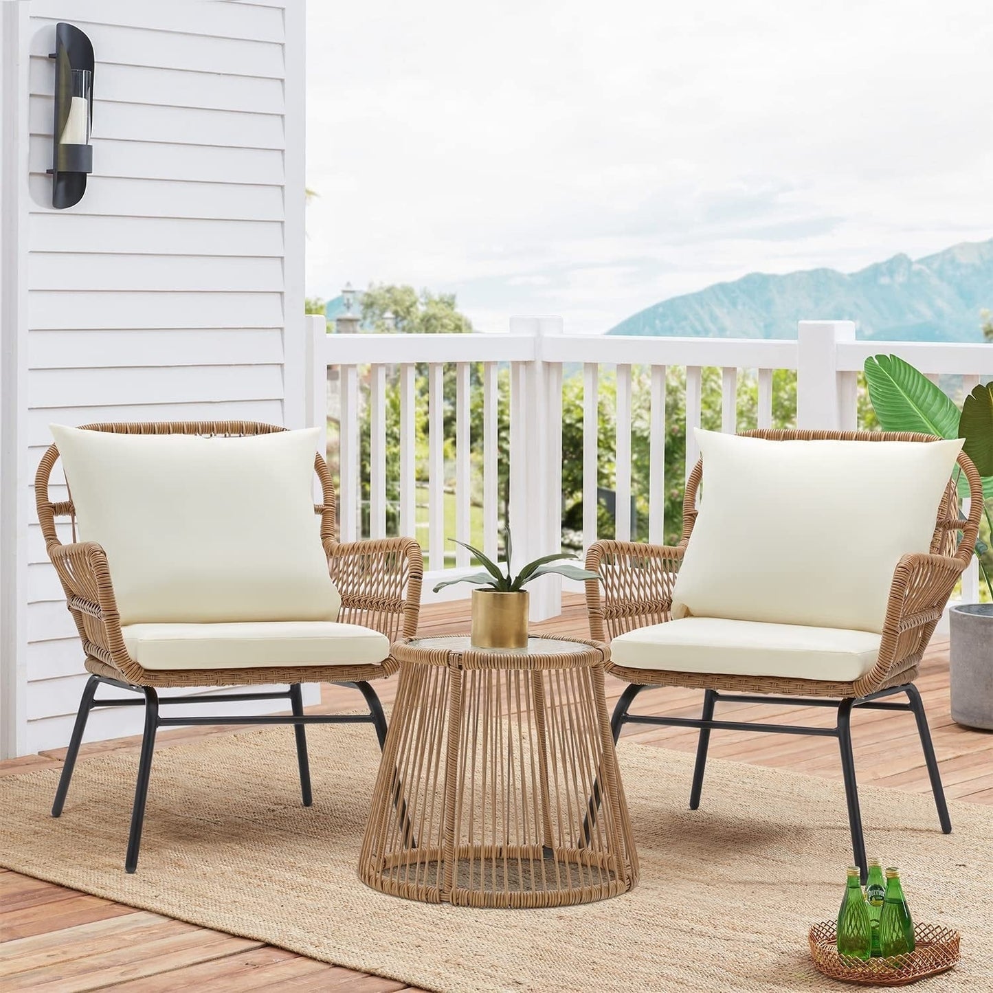 Ensemble de salon de jardin 3 pièces EROMMY avec table en verre, 2 fauteuils et coussins d'assise