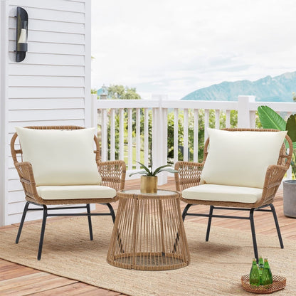Ensemble de salon de jardin 3 pièces EROMMY avec table en verre, 2 fauteuils et coussins d'assise