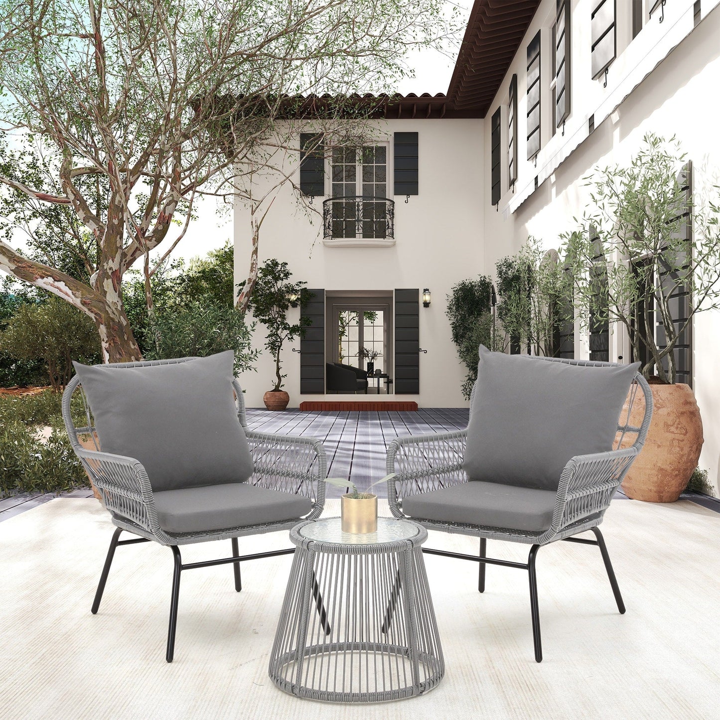 Ensemble de salon de jardin 3 pièces EROMMY avec table en verre, 2 fauteuils et coussins d'assise