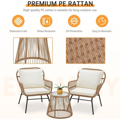 Ensemble de salon de jardin 3 pièces EROMMY avec table en verre, 2 fauteuils et coussins d'assise