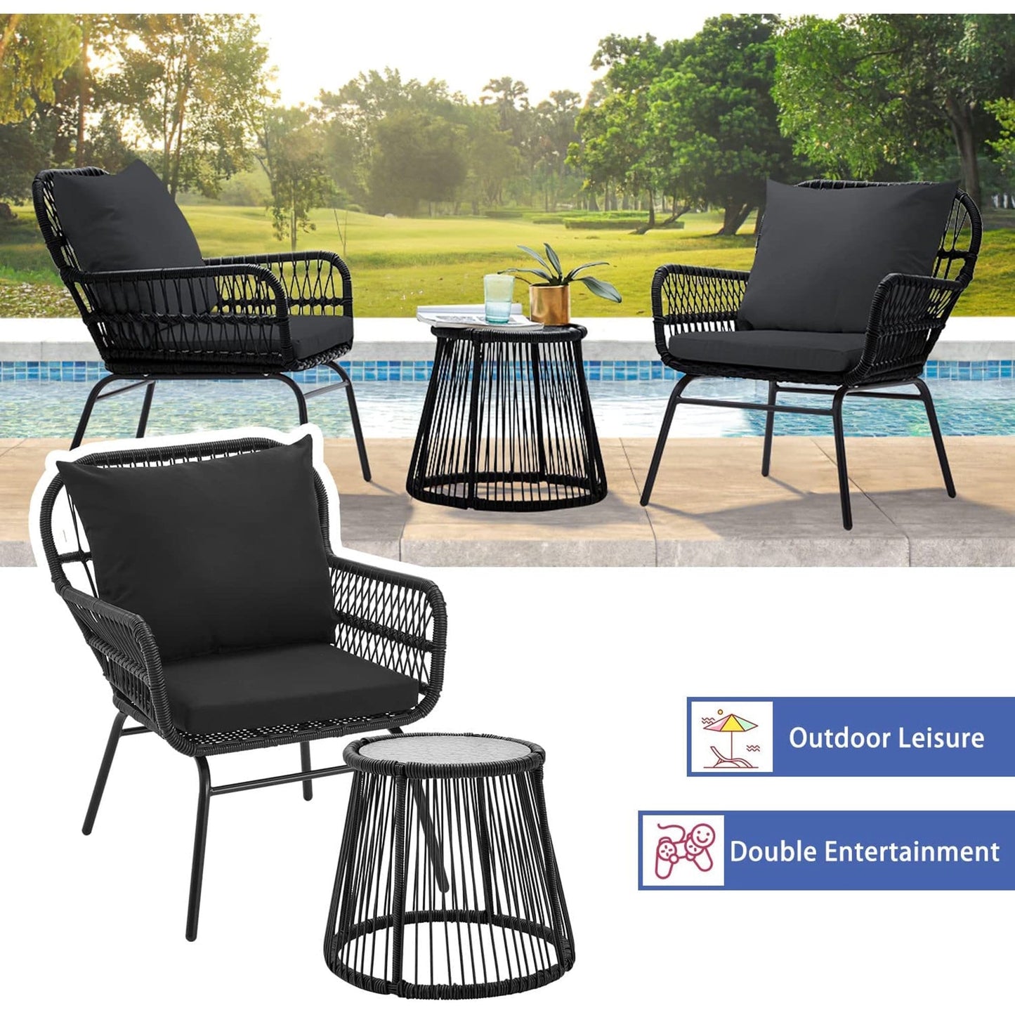 Ensemble de salon de jardin 3 pièces EROMMY avec table en verre, 2 fauteuils et coussins d'assise
