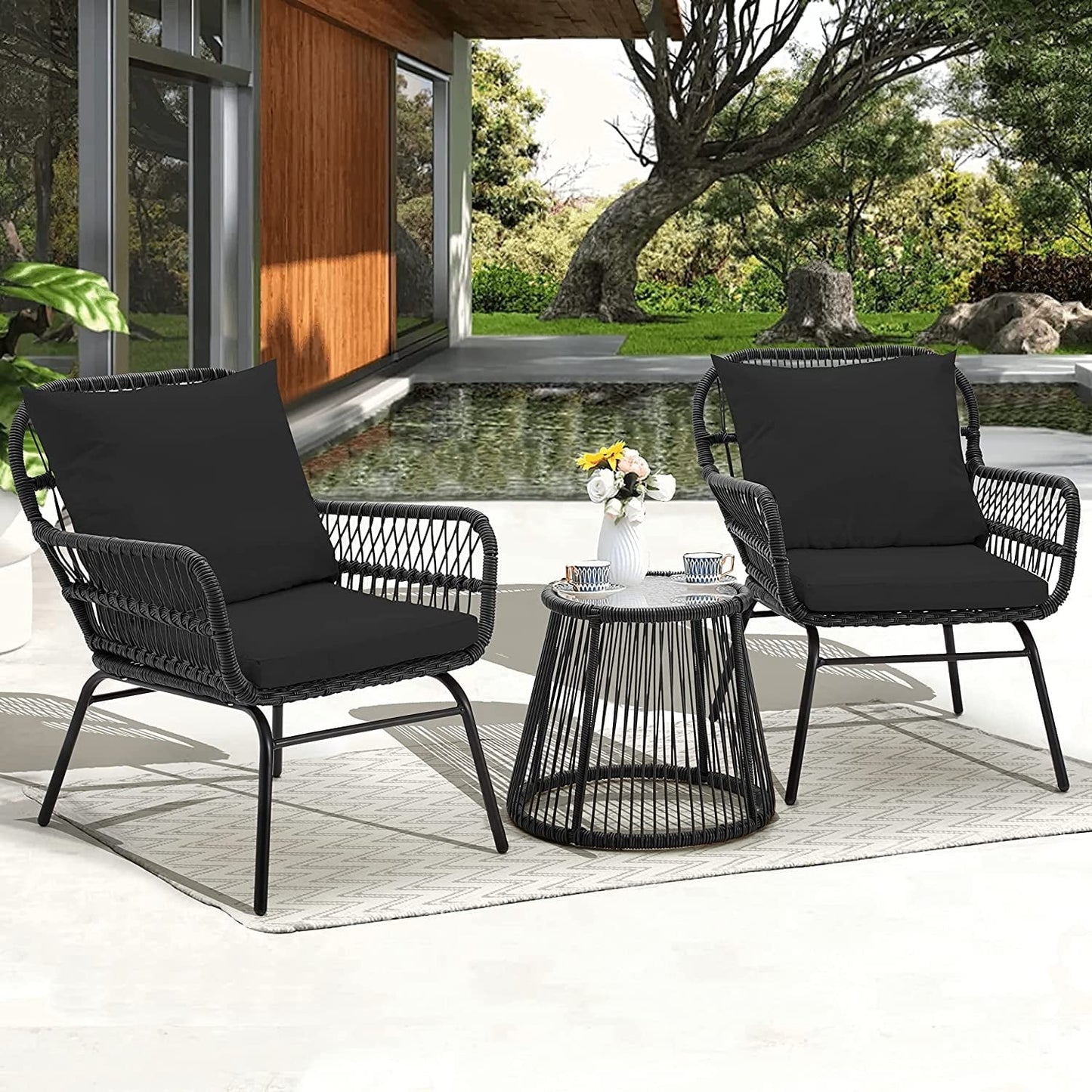 Ensemble de salon de jardin 3 pièces EROMMY avec table en verre, 2 fauteuils et coussins d'assise