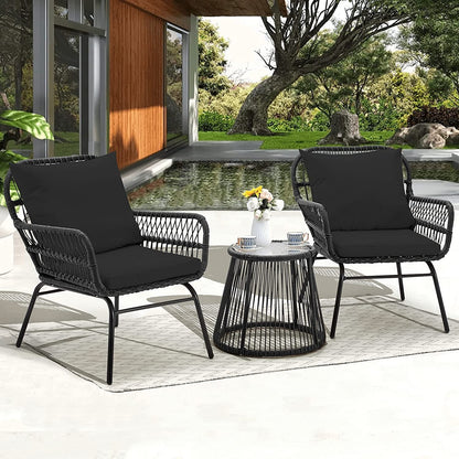 Ensemble de salon de jardin 3 pièces EROMMY avec table en verre, 2 fauteuils et coussins d'assise