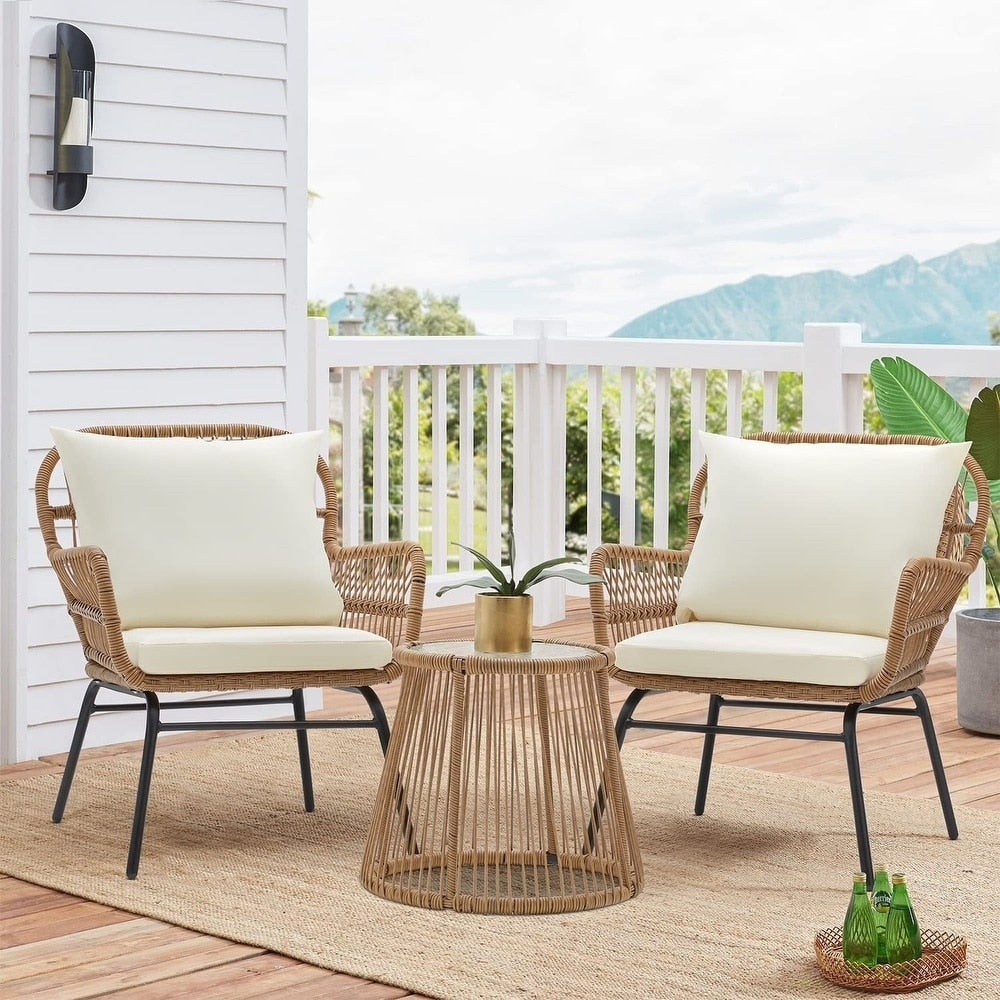 Ensemble de salon de jardin 3 pièces EROMMY avec table en verre, 2 fauteuils et coussins d'assise