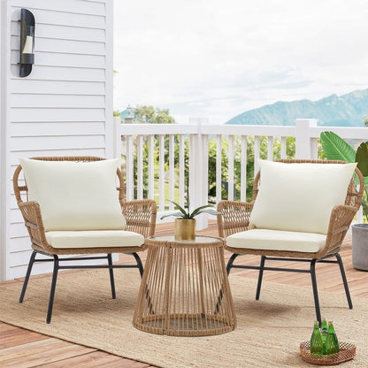 Ensemble de salon de jardin 3 pièces EROMMY avec table en verre, 2 fauteuils et coussins d'assise