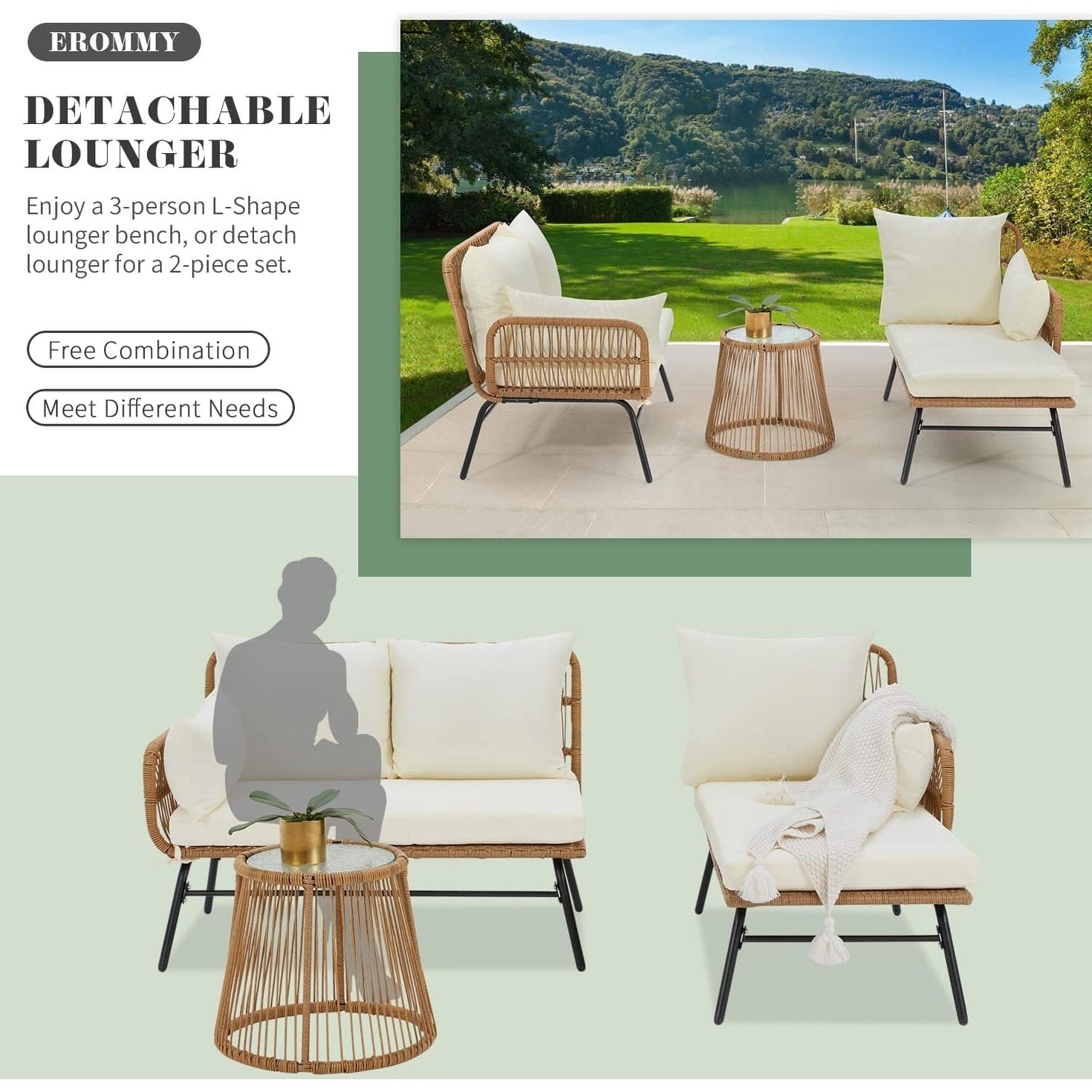 Ensemble de canapés de conversation sectionnels en osier, ensemble de meubles de patio 3 pièces avec coussins épais et table basse en verre trempé