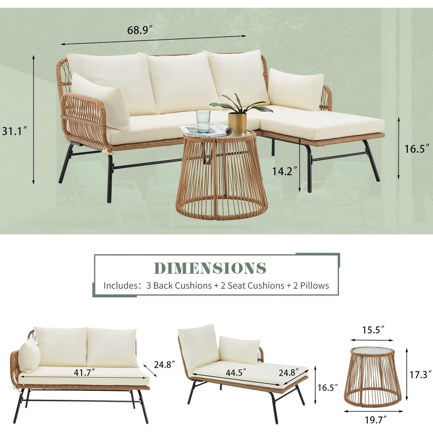 Ensemble de canapés de conversation sectionnels en osier, ensemble de meubles de patio 3 pièces avec coussins épais et table basse en verre trempé