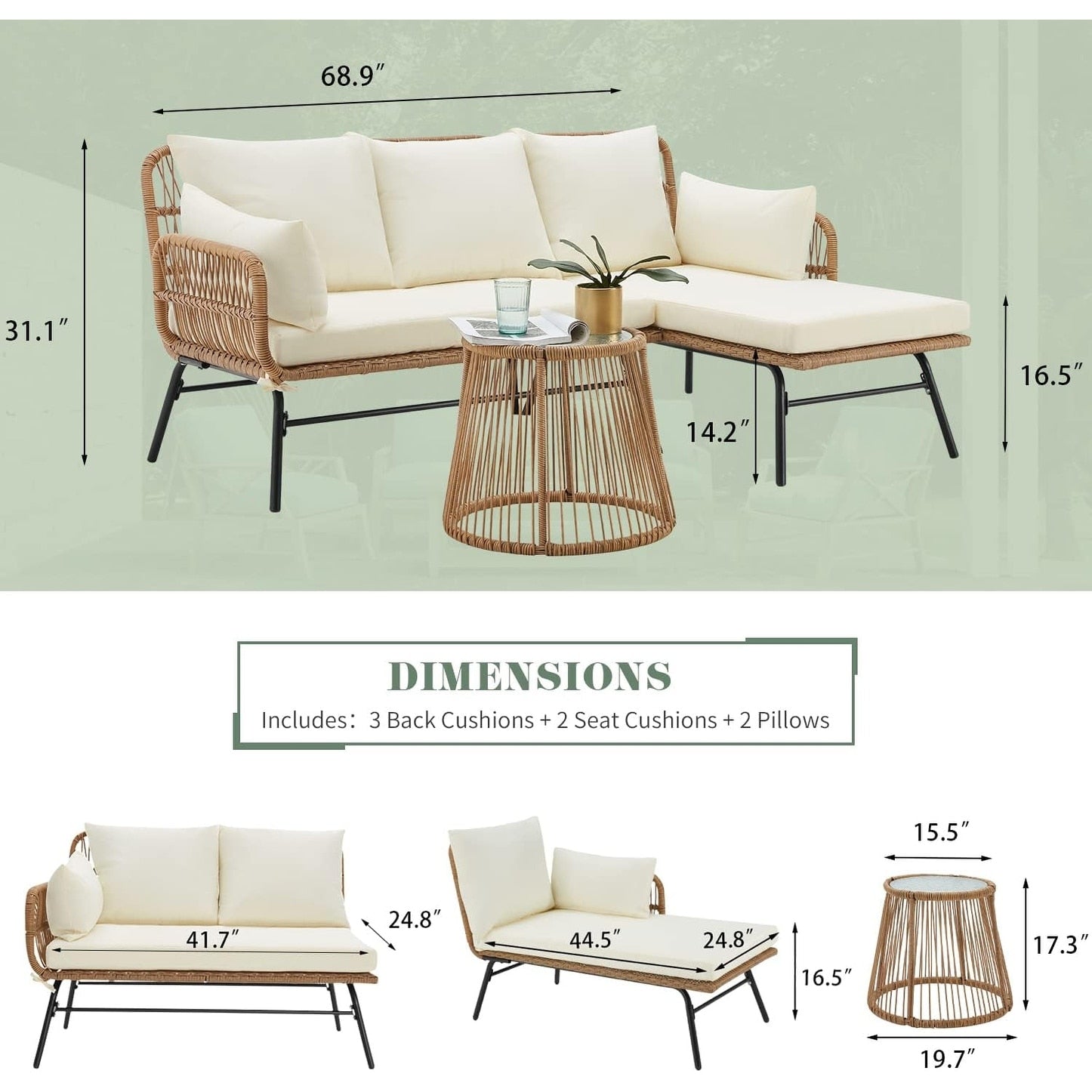 Ensemble de canapés de conversation sectionnels en osier, ensemble de meubles de patio 3 pièces avec coussins épais et table basse en verre trempé