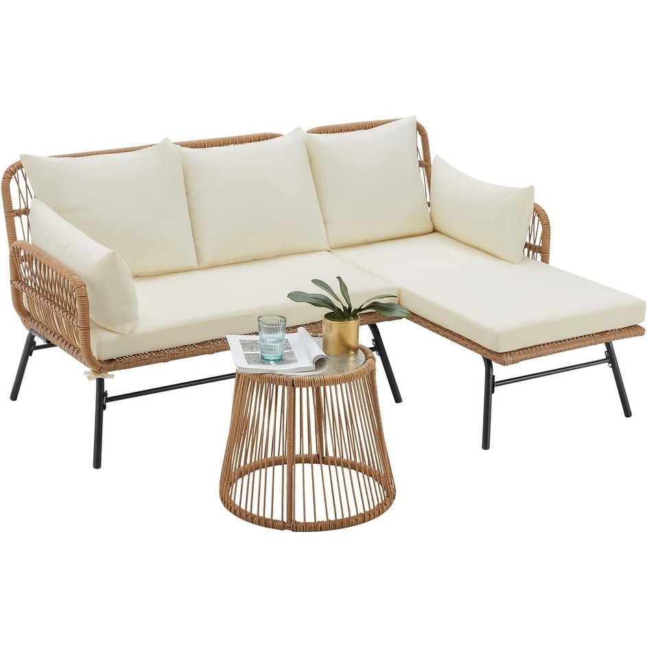 Ensemble de canapés de conversation sectionnels en osier, ensemble de meubles de patio 3 pièces avec coussins épais et table basse en verre trempé