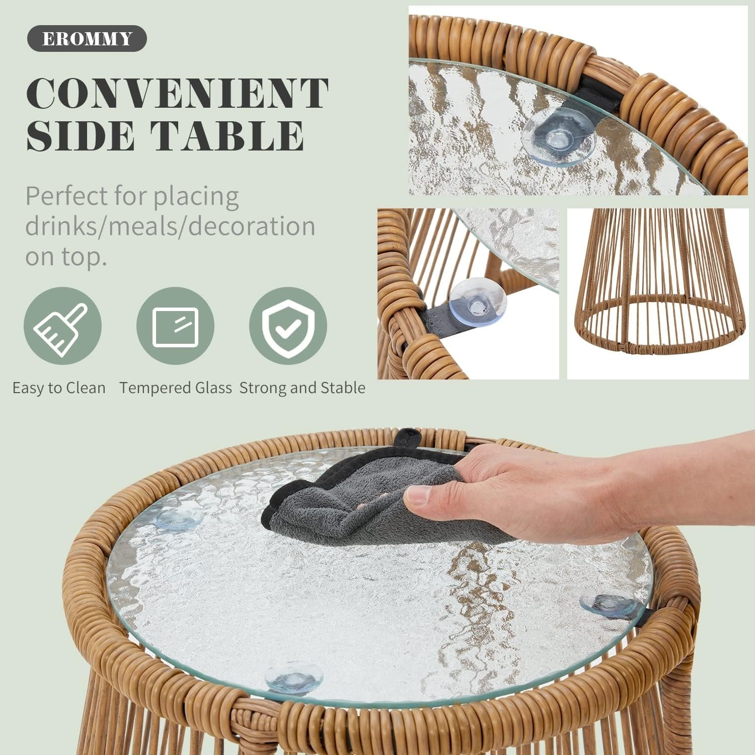 Ensemble de canapés de conversation sectionnels en osier, ensemble de meubles de patio 3 pièces avec coussins épais et table basse en verre trempé