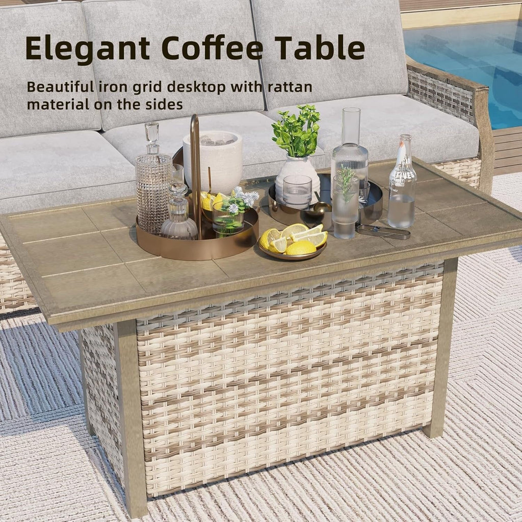 Ensemble de meubles de jardin 4 pièces EROMMY avec chaises pivotantes à bascule, ensemble de conversation extérieur en osier avec canapé 3 places et table basse