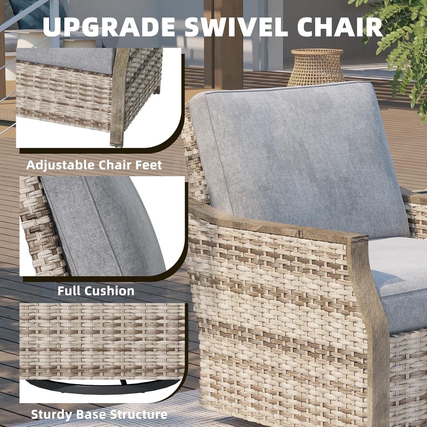 Ensemble de meubles de jardin 4 pièces EROMMY avec chaises pivotantes à bascule, ensemble de conversation extérieur en osier avec canapé 3 places et table basse