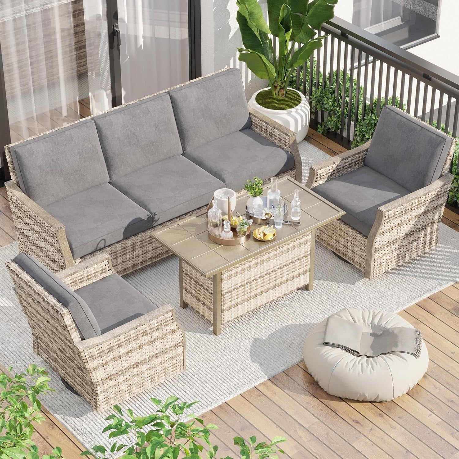 Ensemble de meubles de jardin 4 pièces EROMMY avec chaises pivotantes à bascule, ensemble de conversation extérieur en osier avec canapé 3 places et table basse