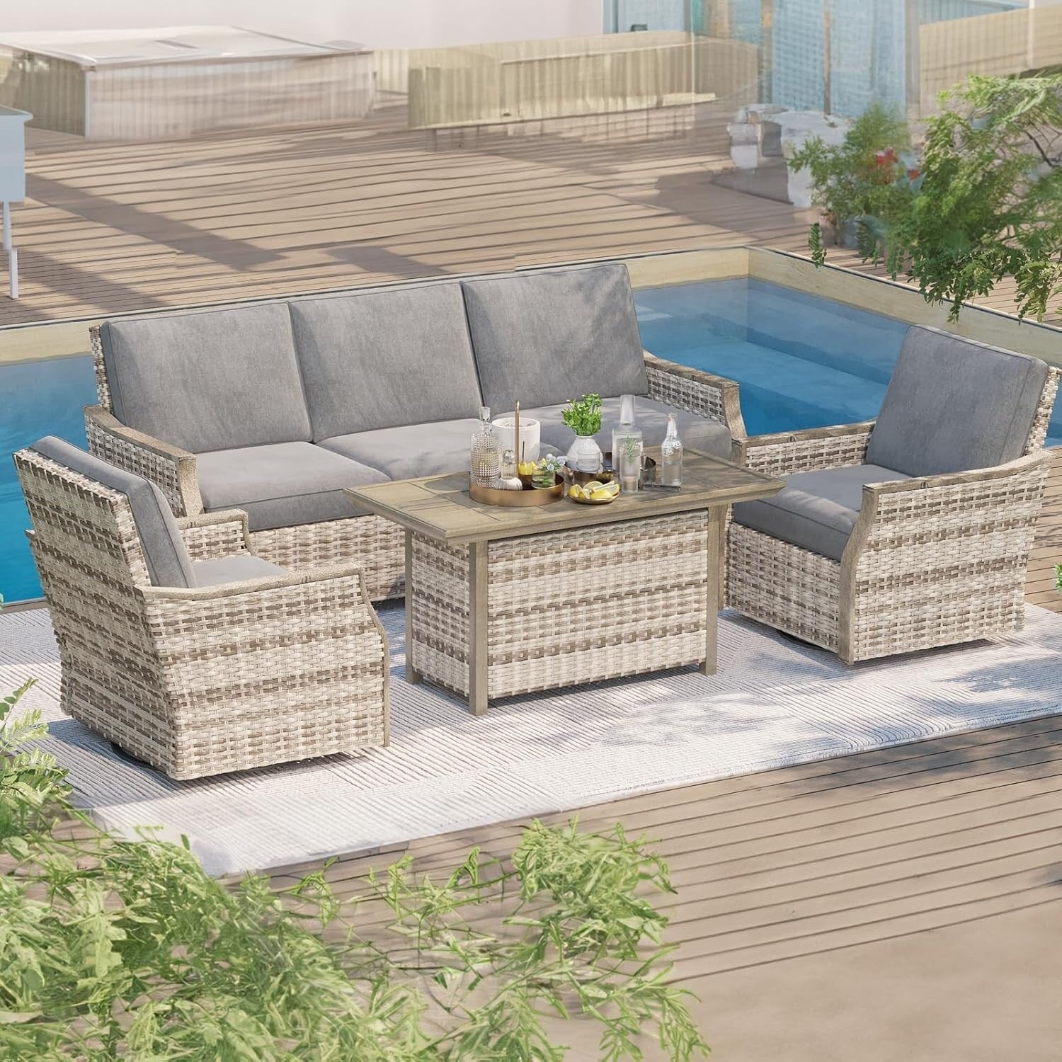Ensemble de meubles de jardin 4 pièces EROMMY avec chaises pivotantes à bascule, ensemble de conversation extérieur en osier avec canapé 3 places et table basse