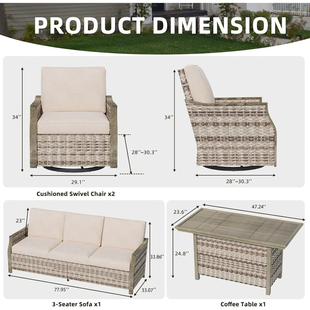 Ensemble de meubles de jardin 4 pièces EROMMY avec chaises pivotantes à bascule, ensemble de conversation extérieur en osier avec canapé 3 places et table basse