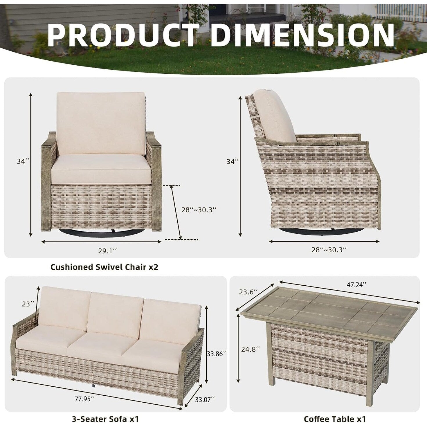 Ensemble de meubles de jardin 4 pièces EROMMY avec chaises pivotantes à bascule, ensemble de conversation extérieur en osier avec canapé 3 places et table basse
