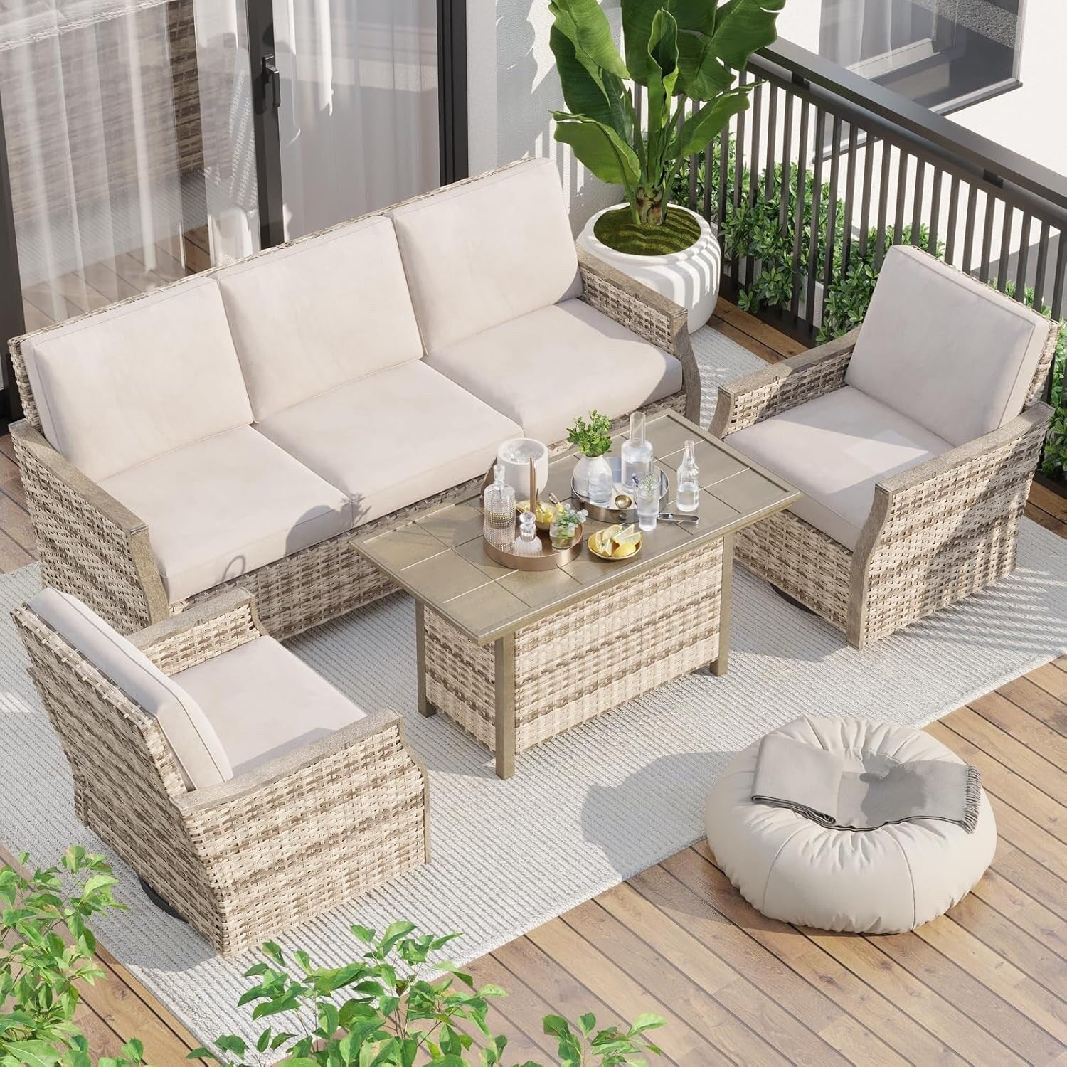 Ensemble de meubles de jardin 4 pièces EROMMY avec chaises pivotantes à bascule, ensemble de conversation extérieur en osier avec canapé 3 places et table basse