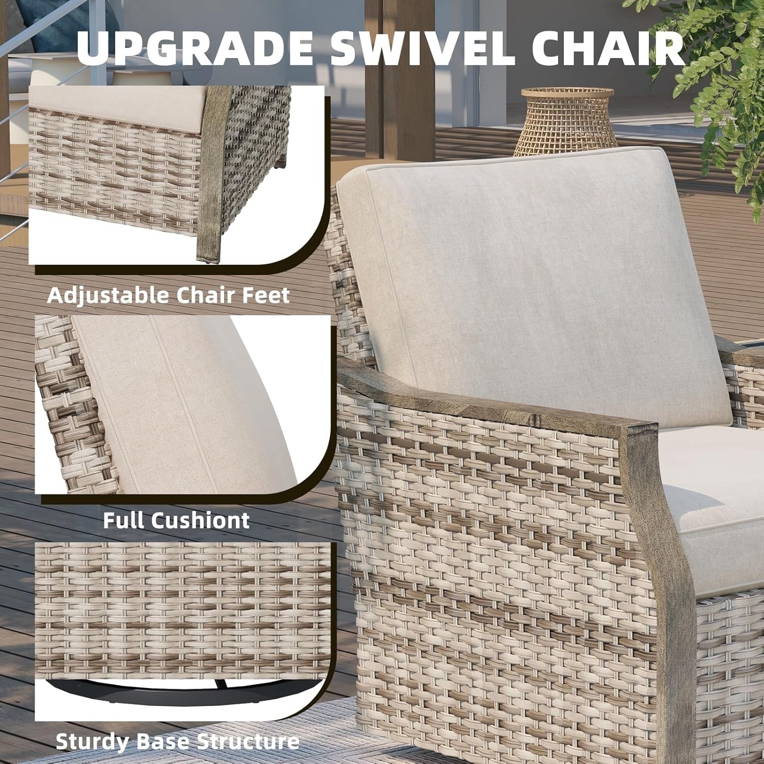 Ensemble de meubles de jardin 4 pièces EROMMY avec chaises pivotantes à bascule, ensemble de conversation extérieur en osier avec canapé 3 places et table basse