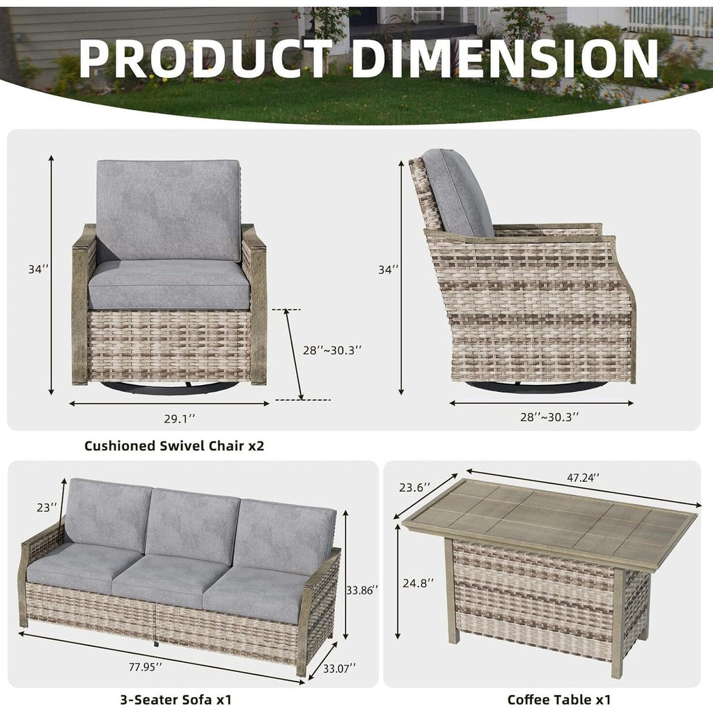Ensemble de meubles de jardin 4 pièces EROMMY avec chaises pivotantes à bascule, ensemble de conversation extérieur en osier avec canapé 3 places et table basse