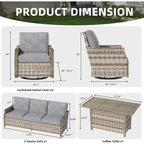 Ensemble de meubles de jardin 4 pièces EROMMY avec chaises pivotantes à bascule, ensemble de conversation extérieur en osier avec canapé 3 places et table basse