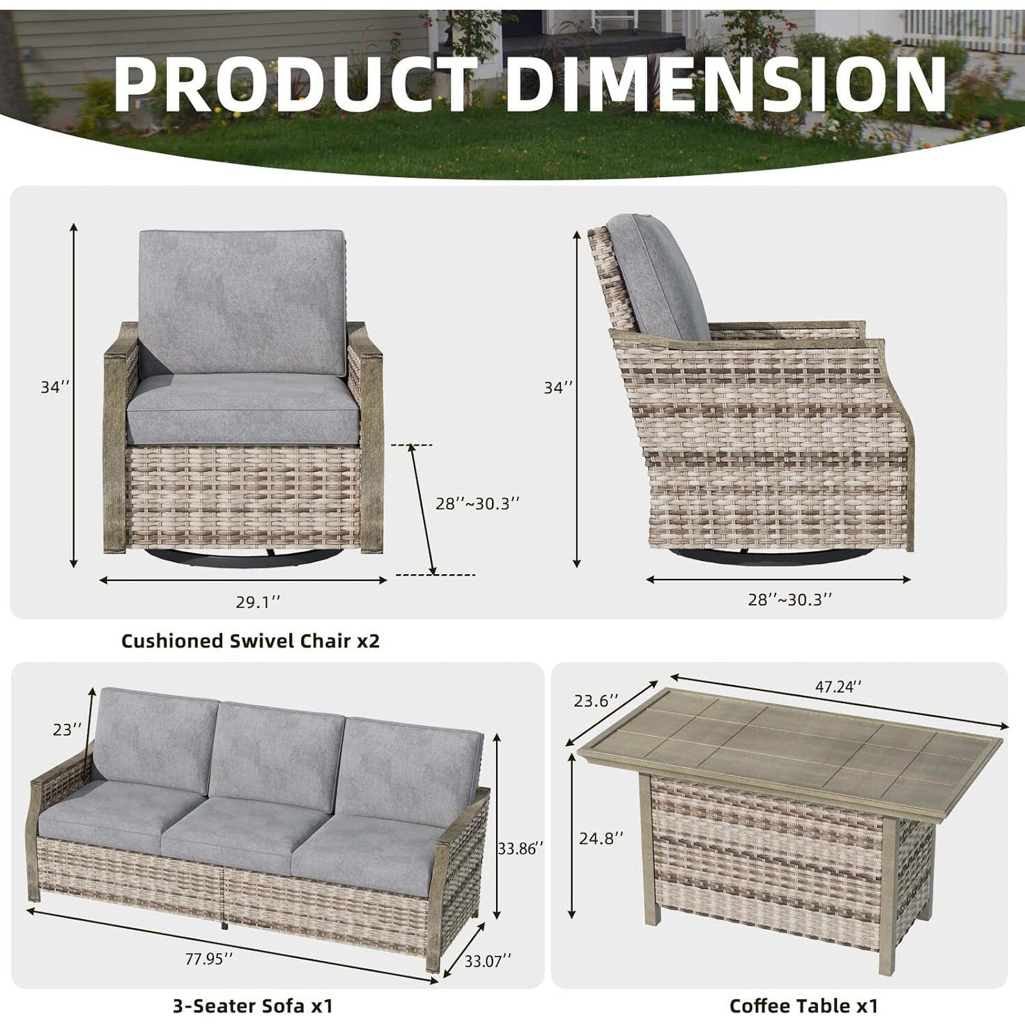 Ensemble de meubles de jardin 4 pièces EROMMY avec chaises pivotantes à bascule, ensemble de conversation extérieur en osier avec canapé 3 places et table basse