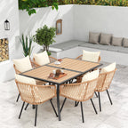 Ensemble de salle à manger d'extérieur en rotin synthétique résistant aux intempéries, plateau en WPC durable, table et chaises d'extérieur avec coussin amovible