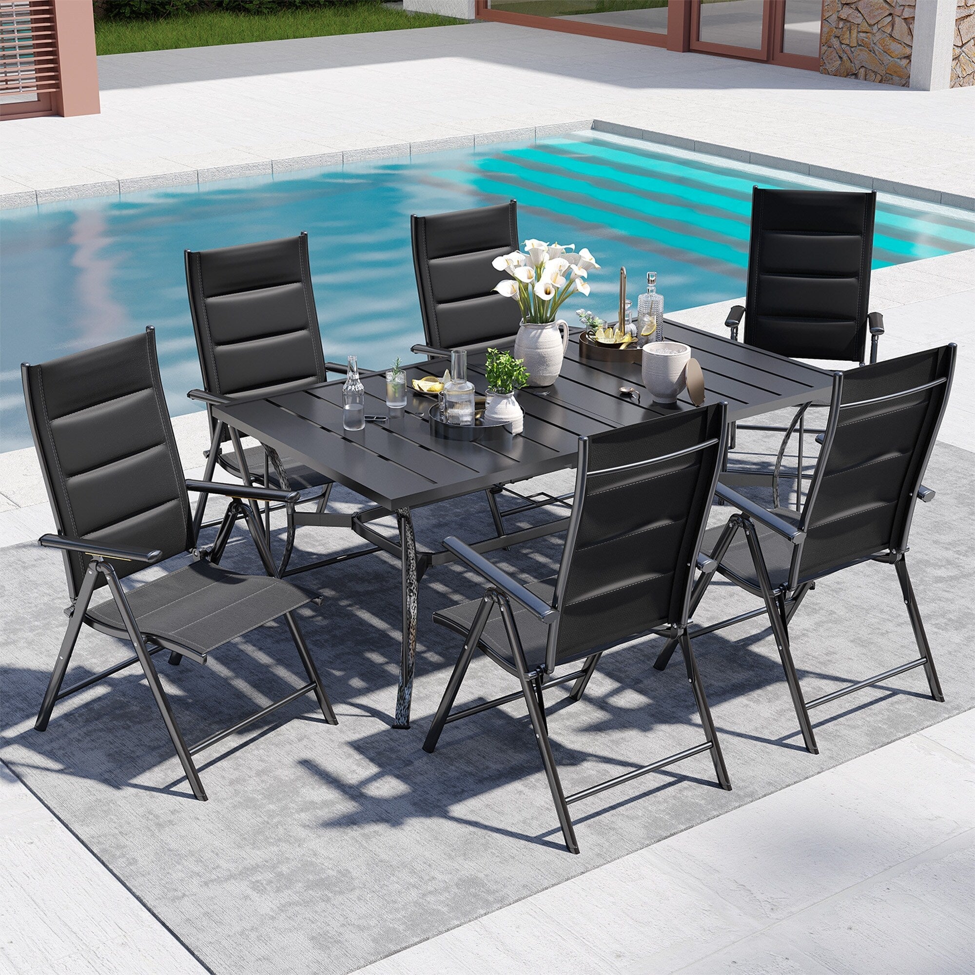 Ensemble de salle à manger de patio 7 pièces EROMMY avec chaises longues pliantes et table en aluminium, mobilier d'extérieur pour jardin, terrasse ou balcon.