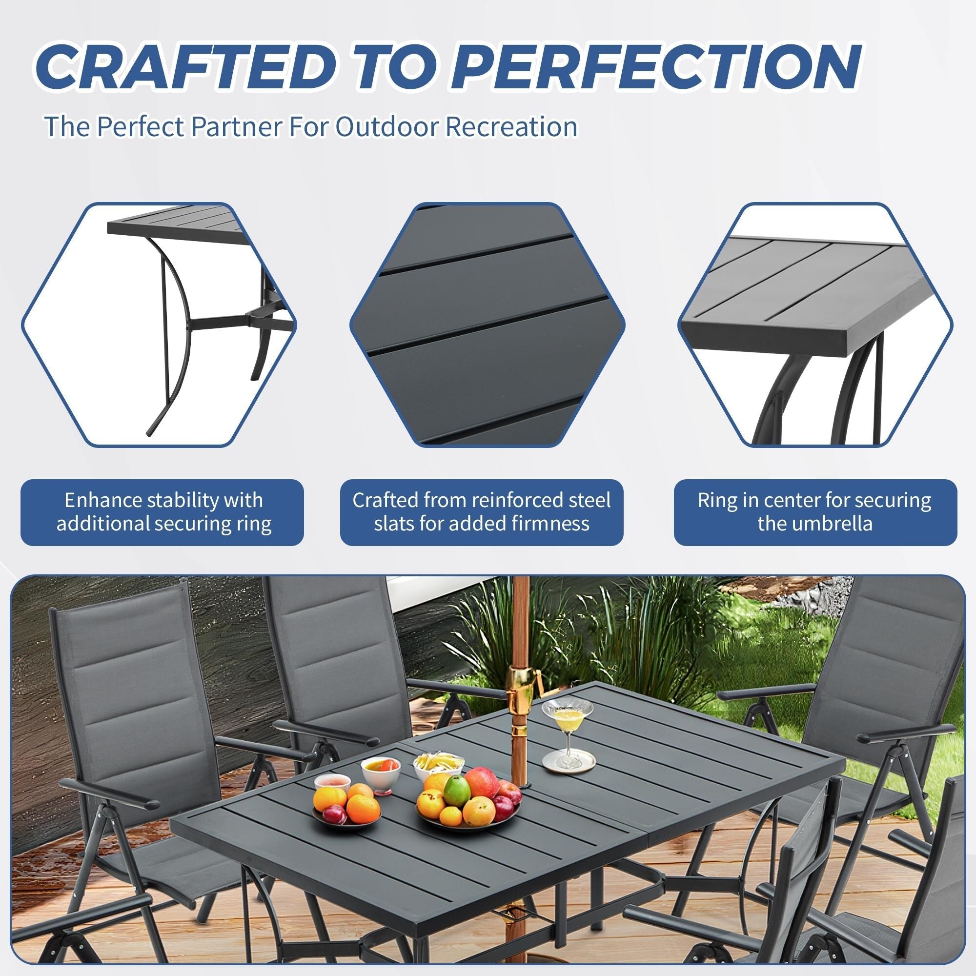 Ensemble de salle à manger de patio 7 pièces EROMMY avec chaises longues pliantes et table en aluminium, mobilier d'extérieur pour jardin, terrasse ou balcon.