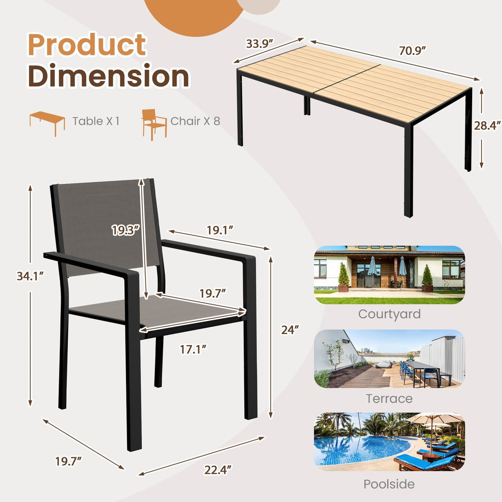 Ensemble de salle à manger d'extérieur avec table et chaises empilables en textilène, plateau de table en WPC durable 5 pièces et cadre antirouille pour patio