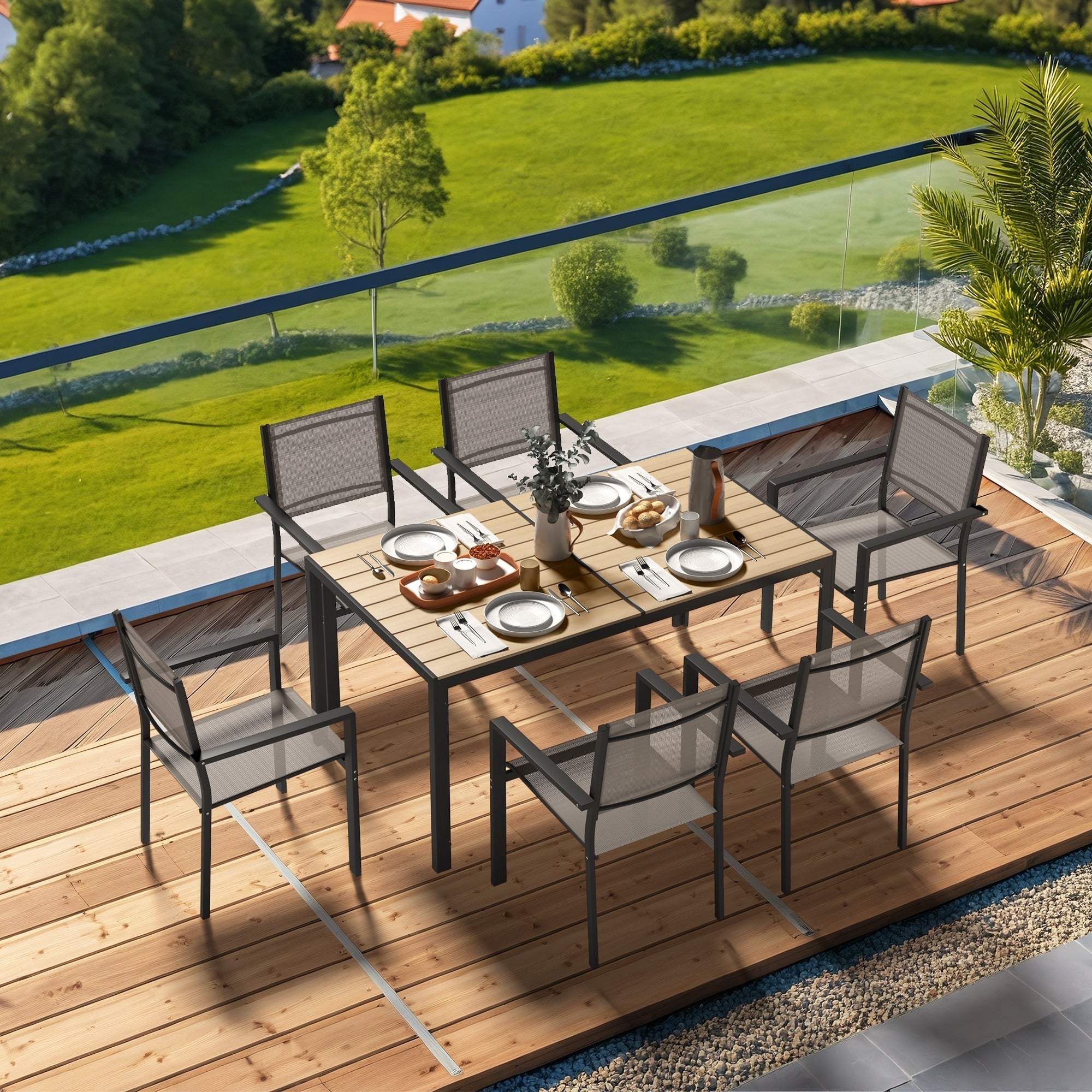 Ensemble de salle à manger d'extérieur avec table et chaises empilables en textilène, plateau de table en WPC durable 5 pièces et cadre antirouille pour patio
