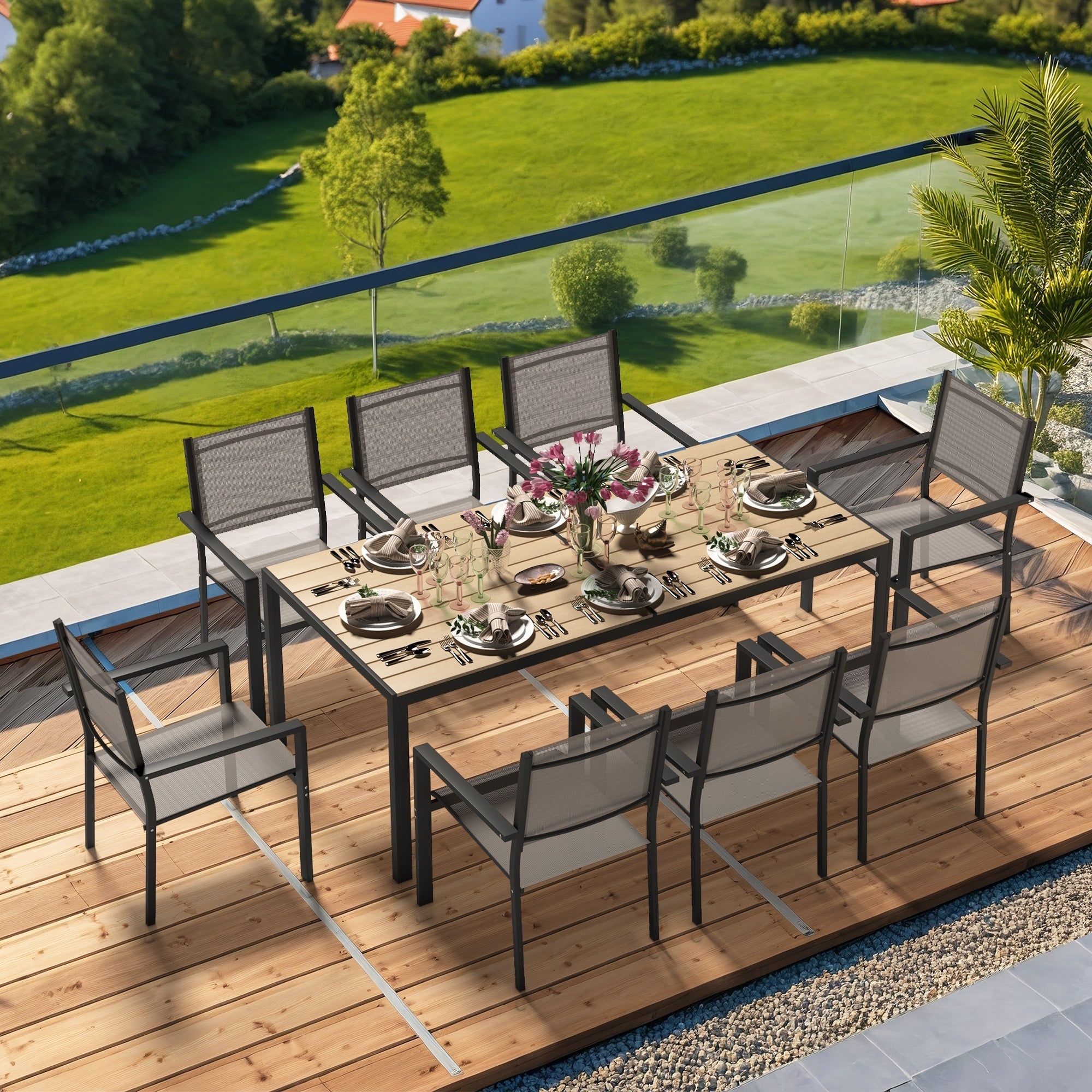 Ensemble de salle à manger d'extérieur avec table et chaises empilables en textilène, plateau de table en WPC durable 5 pièces et cadre antirouille pour patio