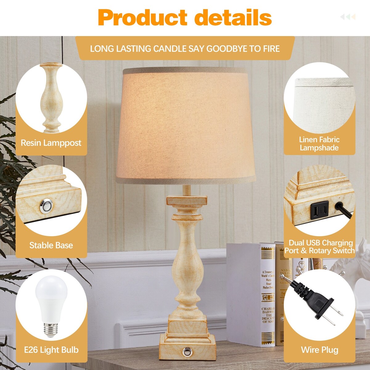 Lot de 2 lampes de chevet EROMMY avec deux ports USB, 2 ampoules incluses et commande tactile à 3 positions. Idéal pour le salon et la chambre.
