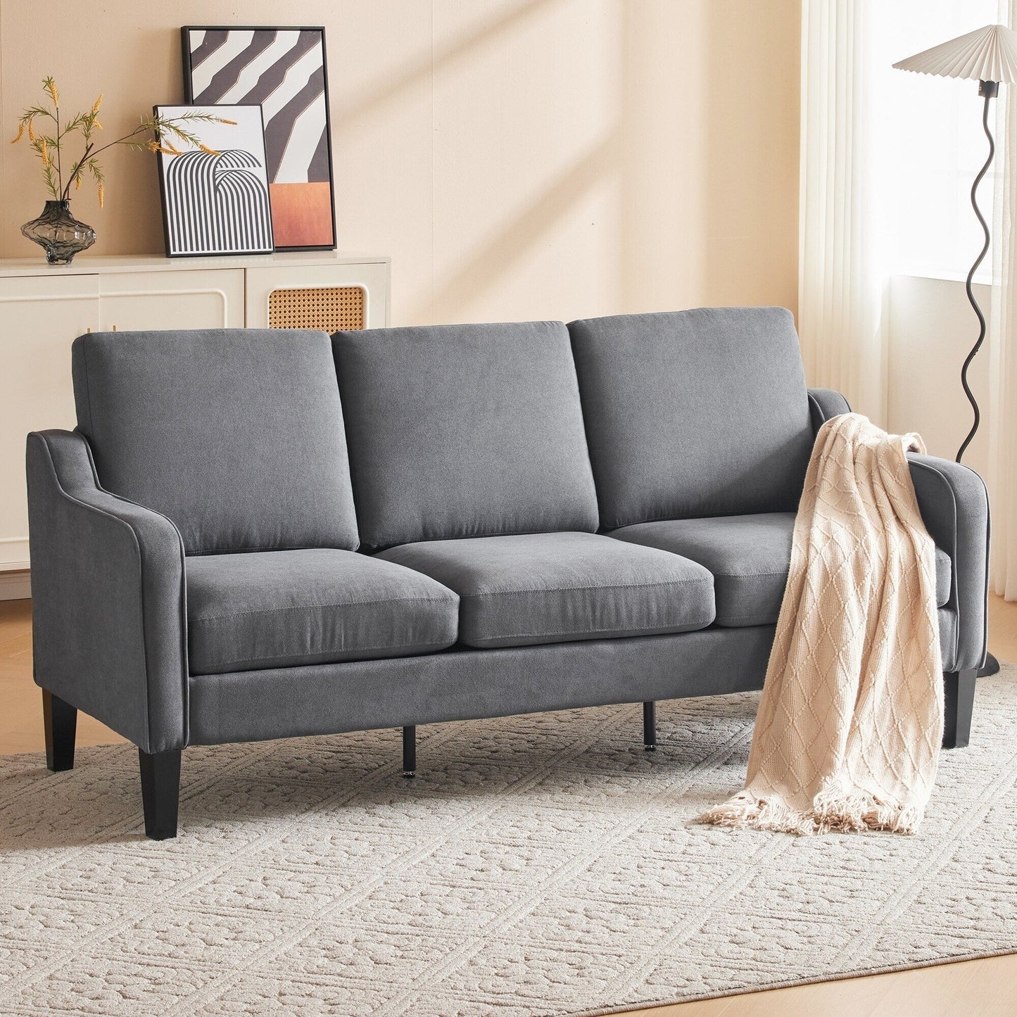 Canapé 3 places moderne en tissu EROMMY, canapé de salon ergonomique avec coussins lavables et pieds en bois massif, gris ou beige