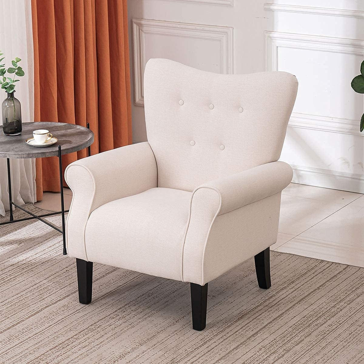 Fauteuil d'appoint moderne Erommy, fauteuil à dossier haut, canapé simple en tissu rembourré avec pieds en bois pour le salon